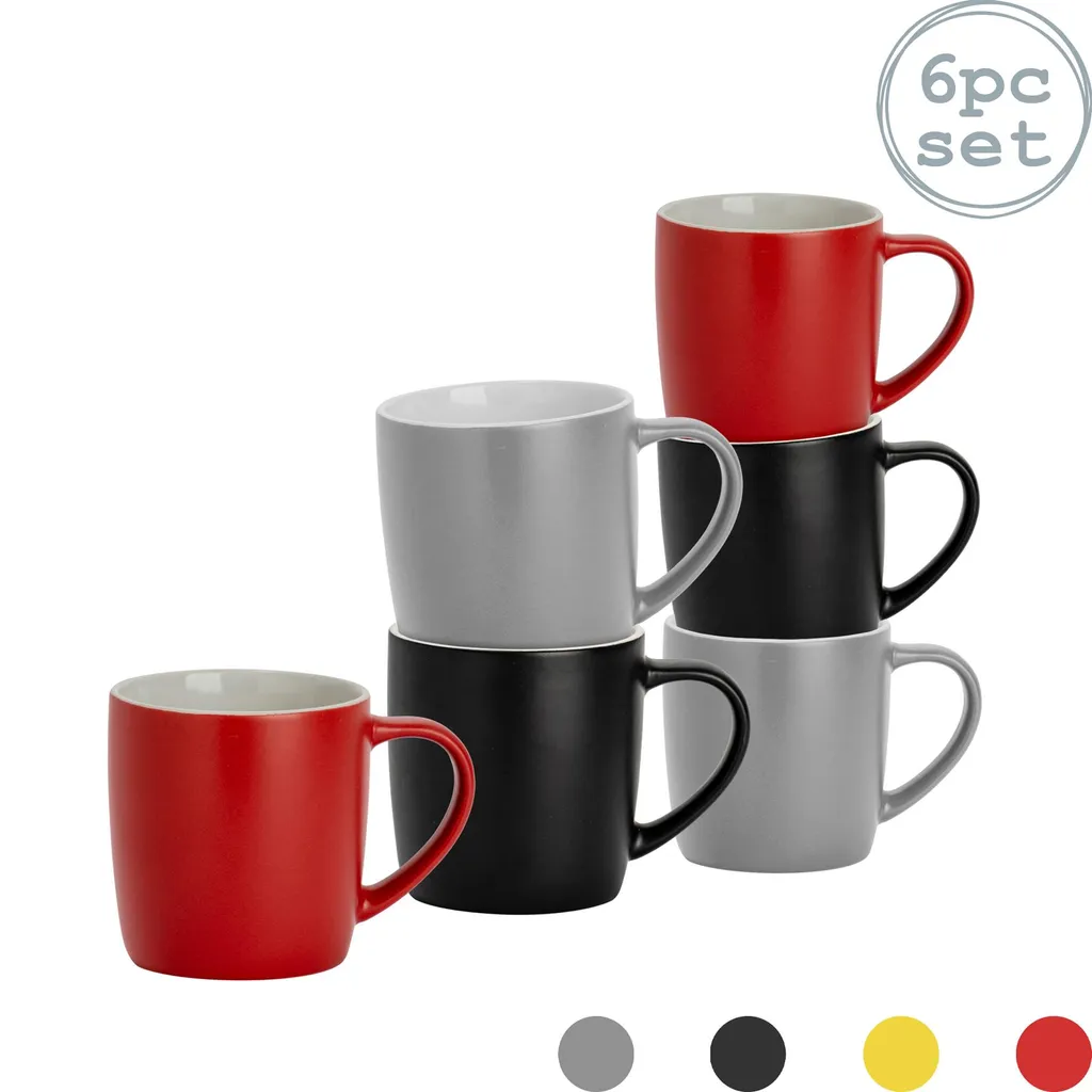 Argon Ta 6 Stück Matt Tee und Kaffeetasse Set - Modern Style Porzellan Cappuccino Latte Becher - Schwarz Rot Grau - 350ml